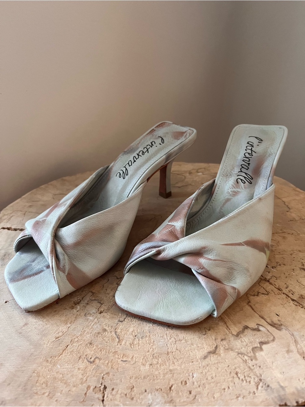 Leather Twist Front Slip-On Heels in Light Blue